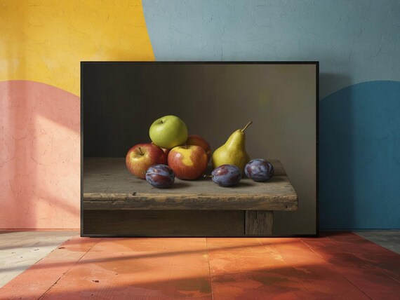 Classic Fruit Still Life Apples Pears Plums Wooden Table Poster