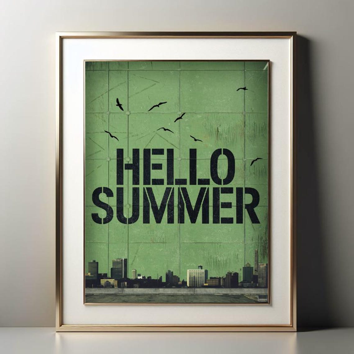 Hello Summer Stencil Typography Birds City Skyline Green Wall Poster - Image 3