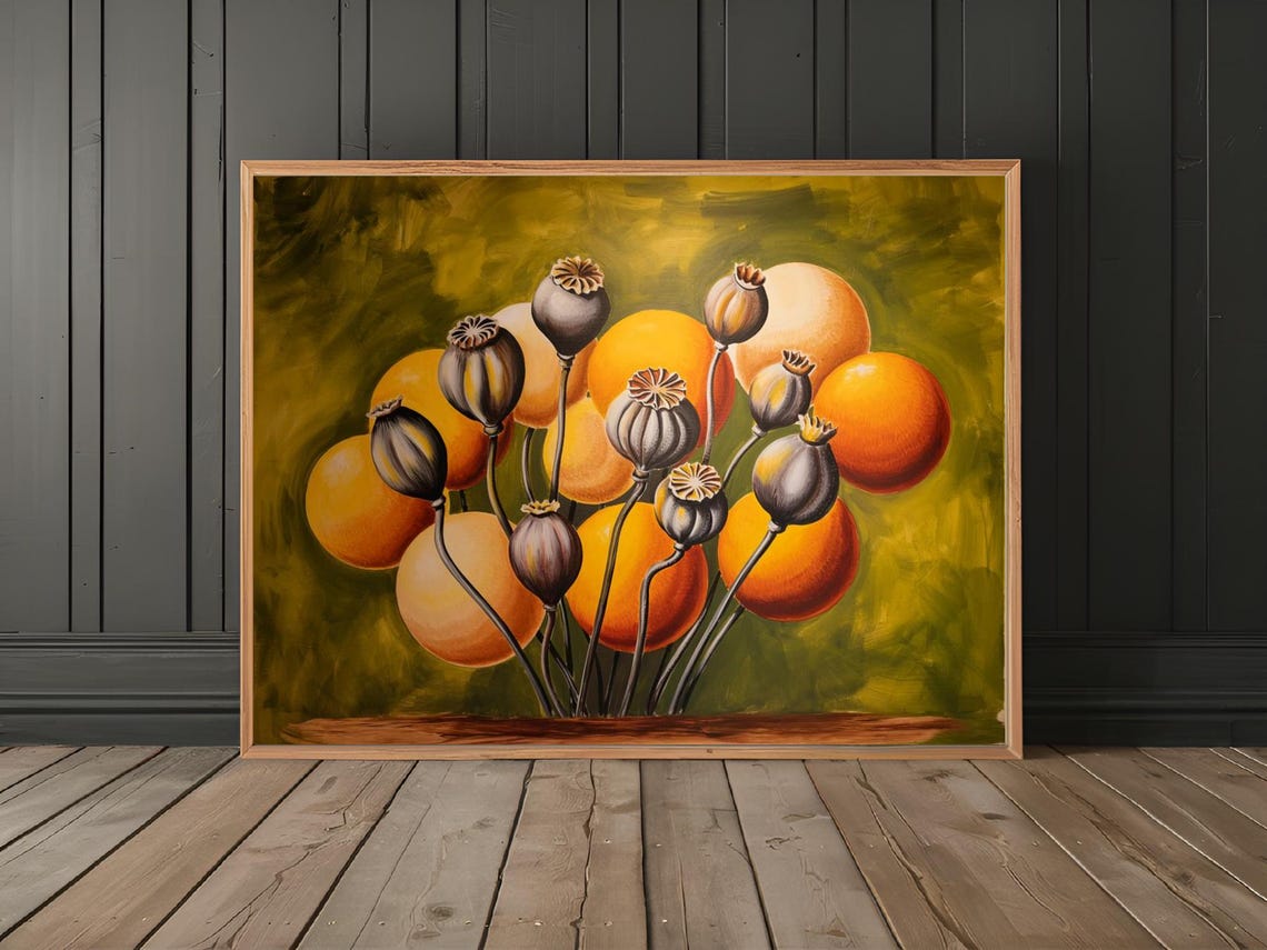 Dried Poppy Seed Pods With Orange Orbs Botanical Nature Wall Art - Image 2