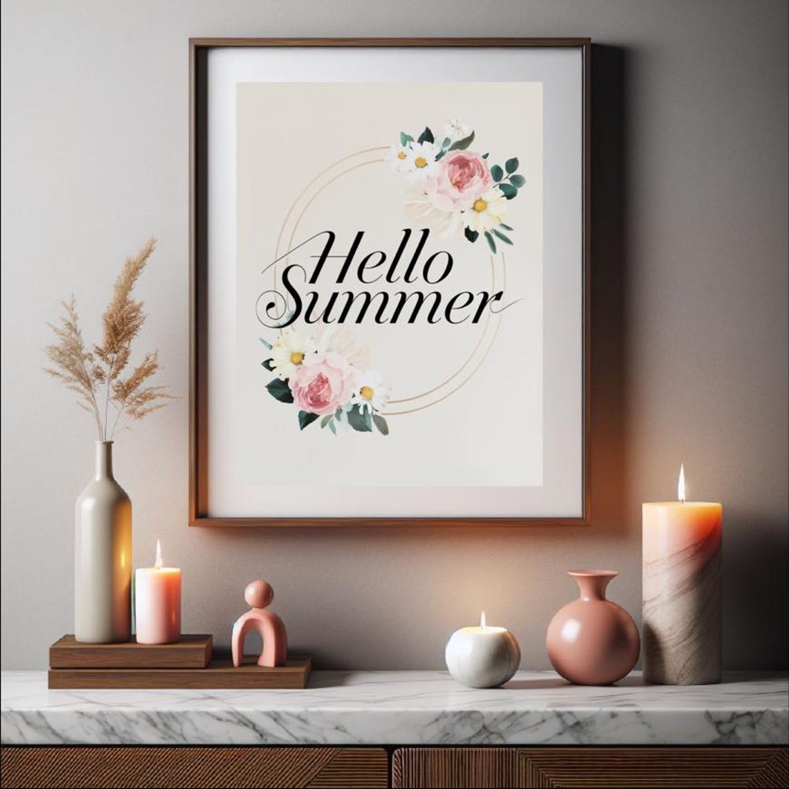 Hello Summer Black Script Gold Wreath Peony Daisy Elegant Floral Print - Image 3