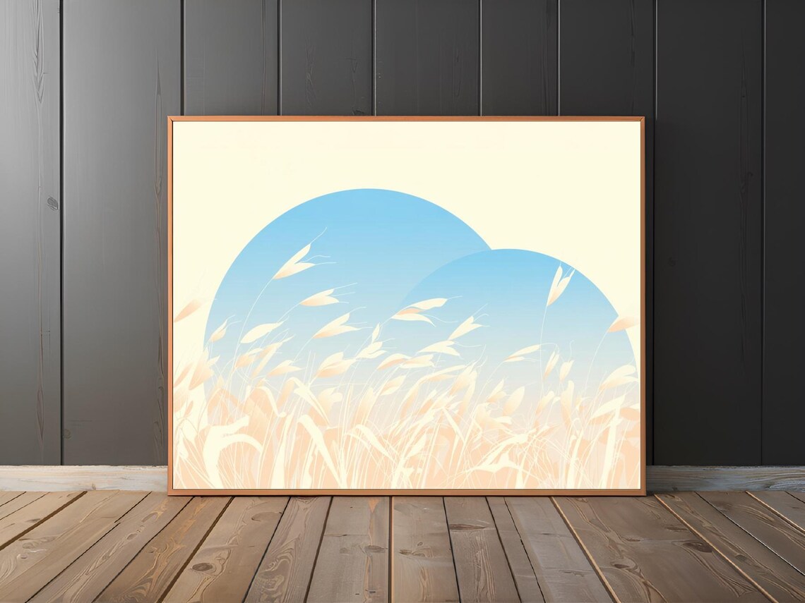Double Blue Sun Rising Pale Grass Minimalist Japanese Style Print - Image 3