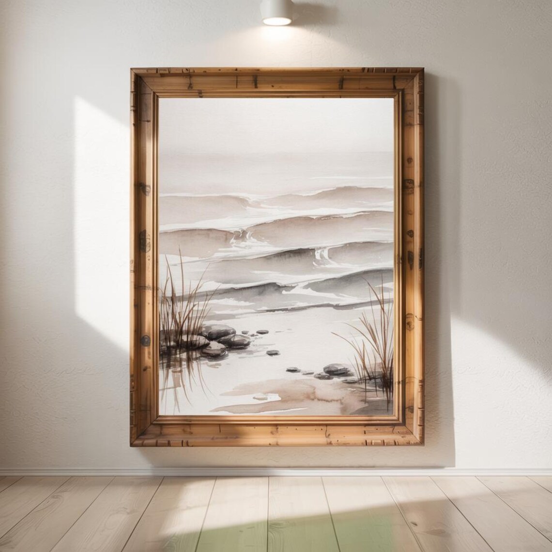 Minimalist Watercolor Seashore with Rolling Waves and Beach Grass Poster