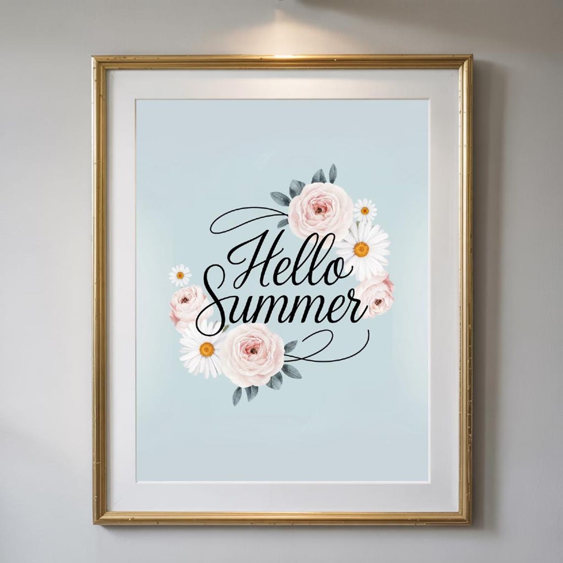 Hello Summer Pastel Script Pink Roses Daisies Soft Floral Art Poster