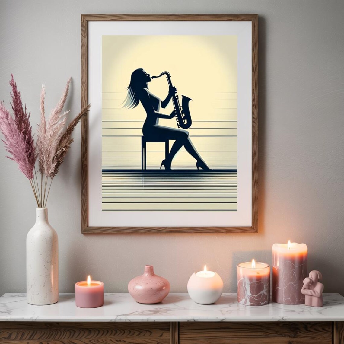 Seated Saxophonist Woman Silhouette Sunset Retro Jazz Lounge Print - Image 2