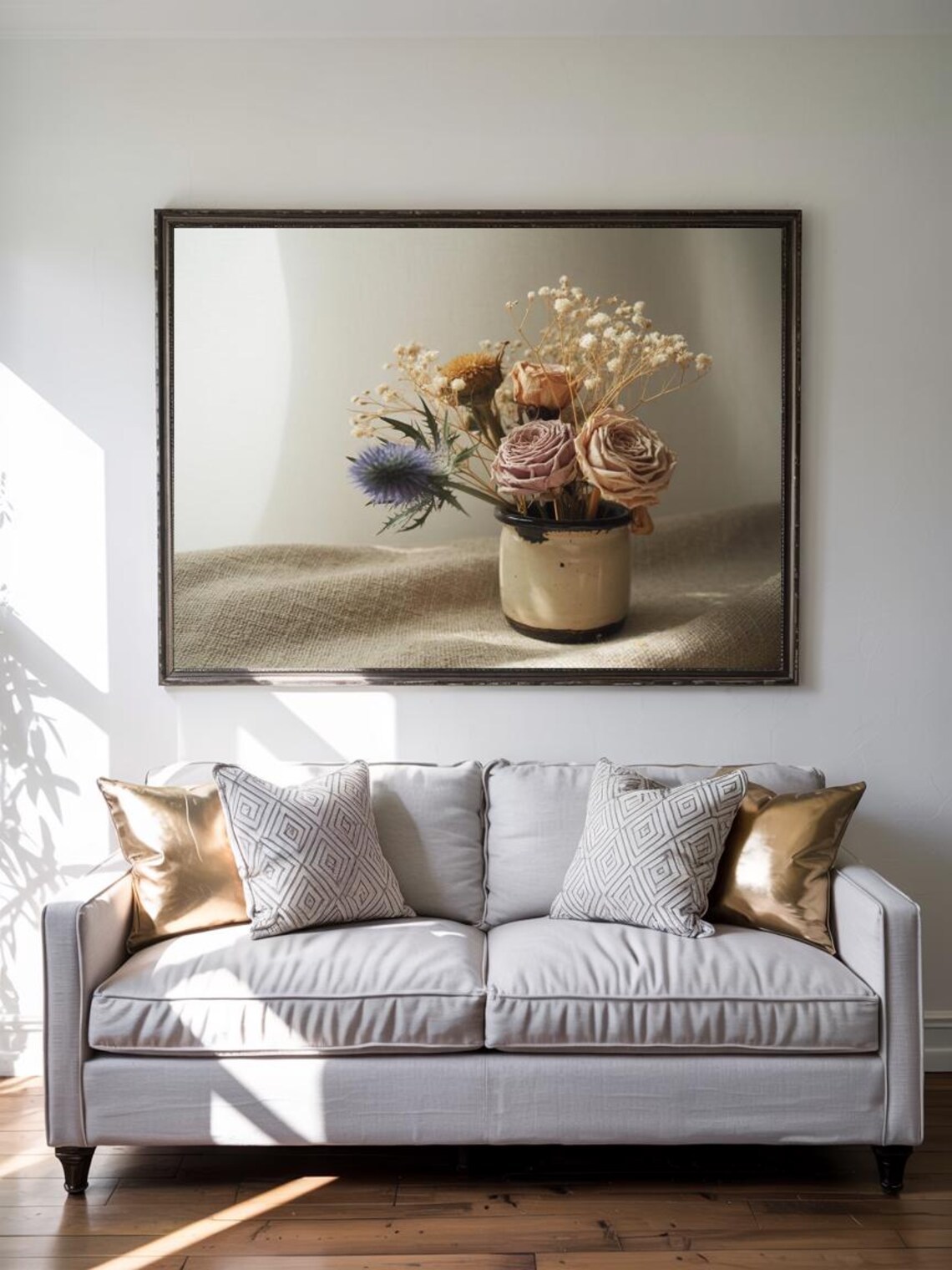 Dried Roses Thistle In Vintage Pot Warm Rustic Still Life Print - Image 2