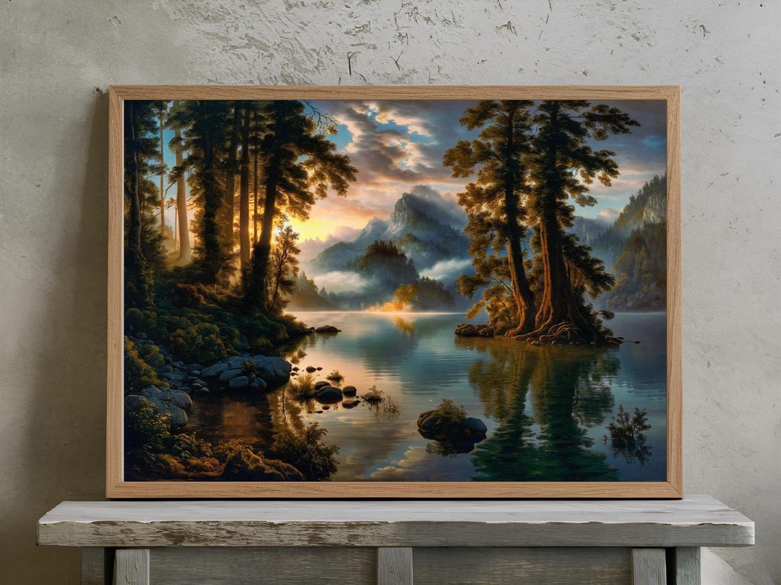 Dramatic Sunrise Over Misty Lake With Tall Forest Trees Poster - Image 2