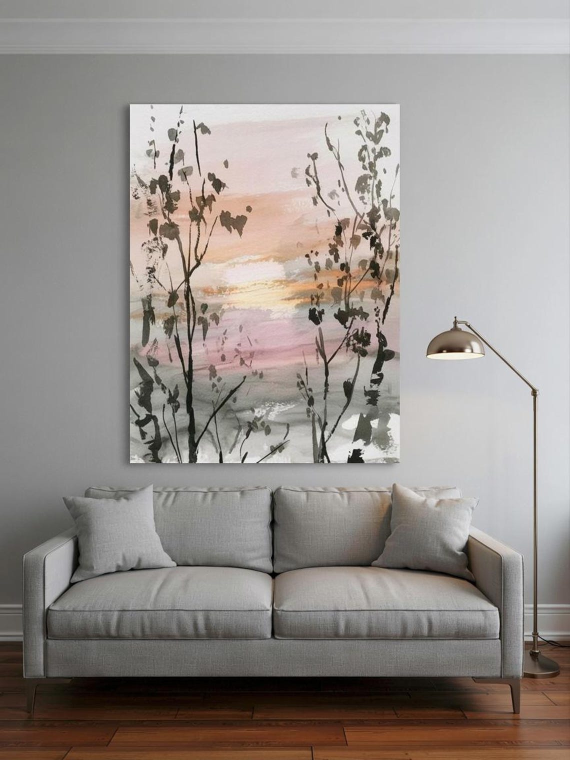 Twilight Tree Silhouettes Soft Watercolor Sunset Landscape Poster