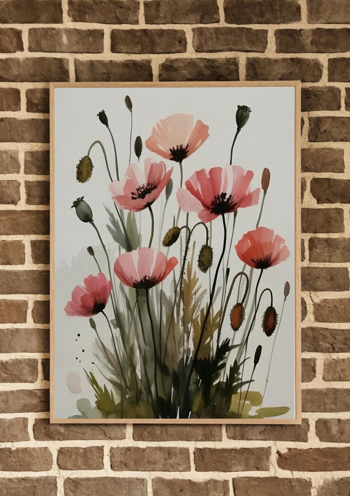 Blush Pink Poppies with Seed Pods Delicate Watercolor Botanical Poster - Image 3