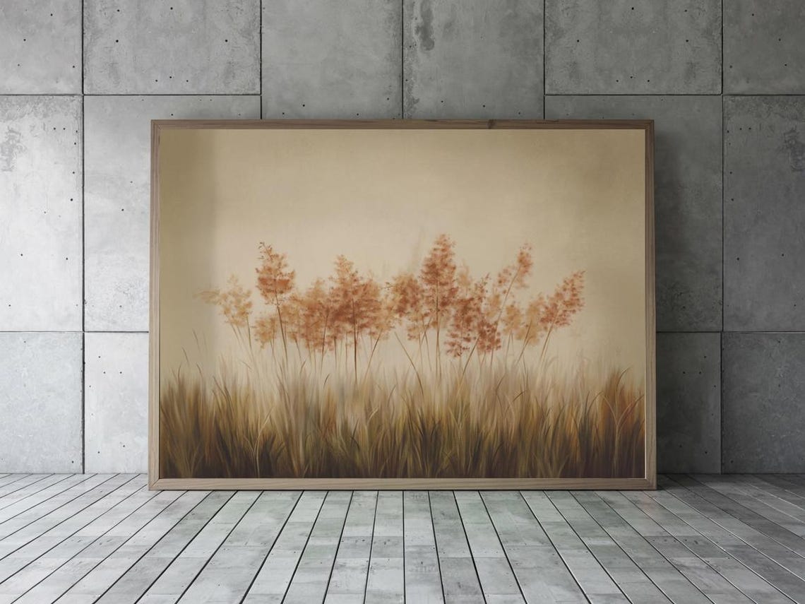 Golden Swaying Tall Grass Plumes on Beige Minimalist Wall Art