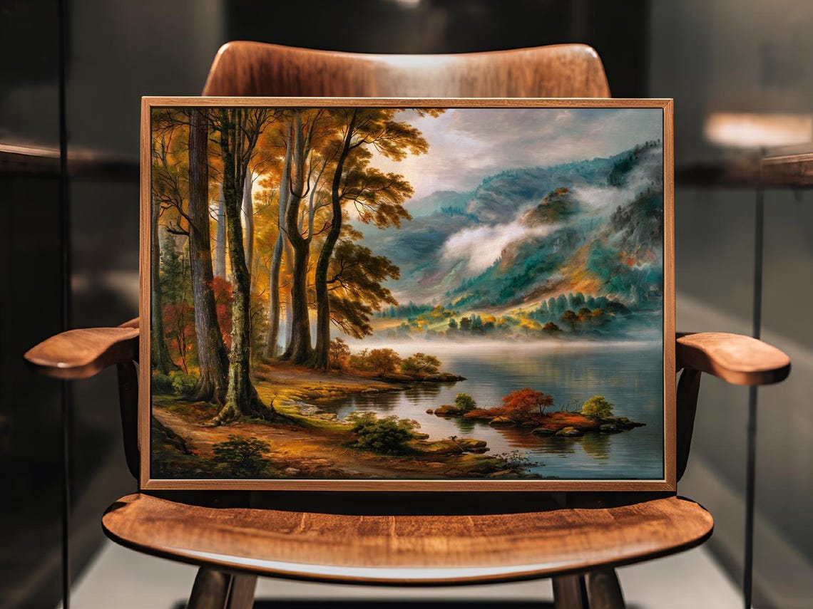 Foggy Mountain Lake Forest Nature Art Print Decor Wall Room - Image 2