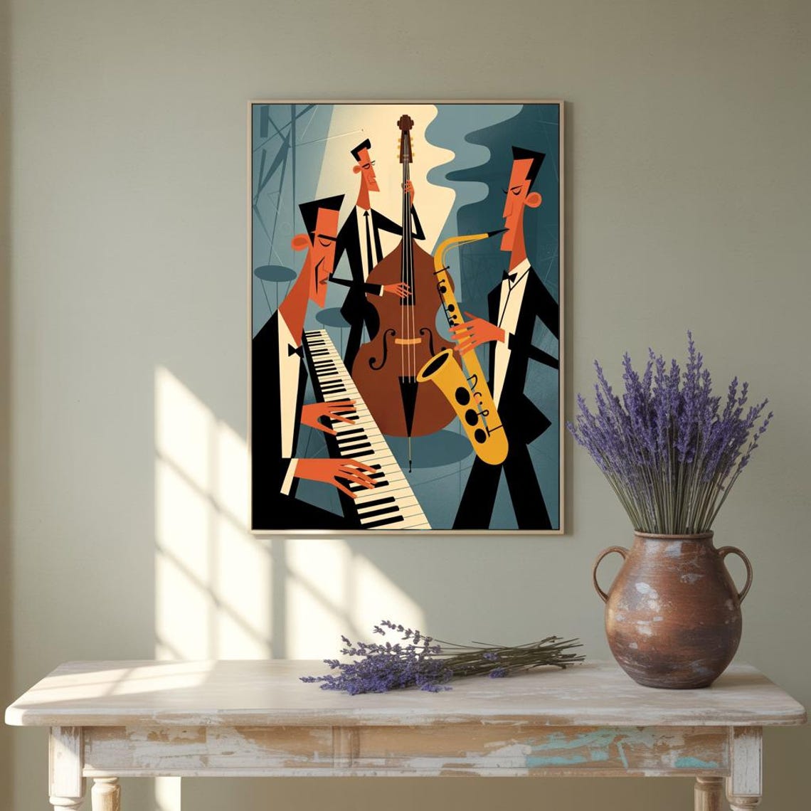 Mid Century Modern Cartoon Jazz Band Trio Illustration Poster - Image 2