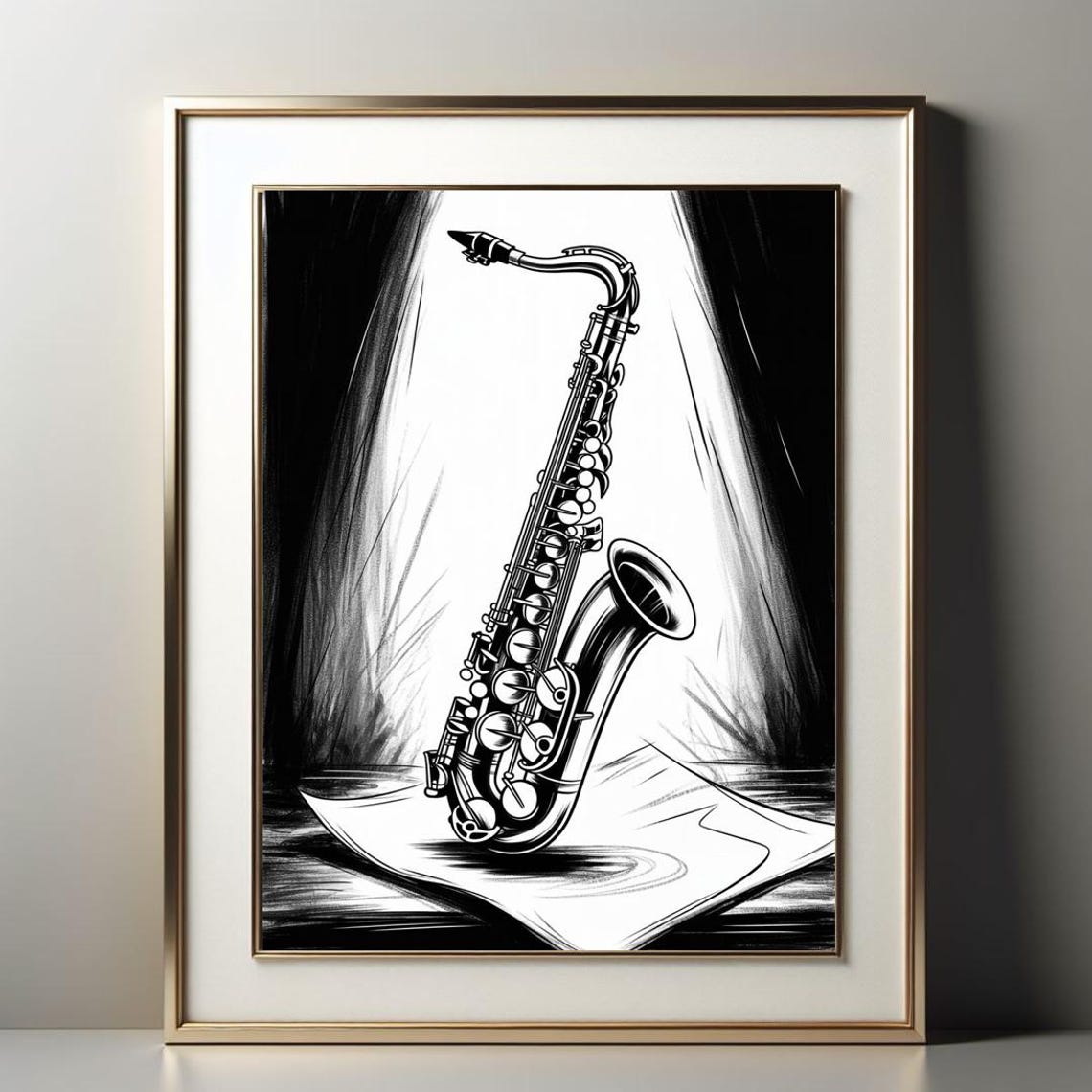 Black and White Saxophone Under Stage Spotlight Music Poster - Image 2