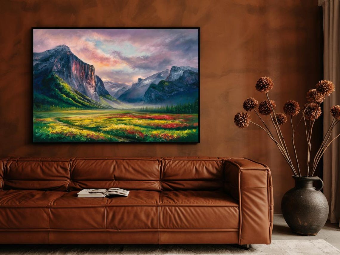 Wildflower Meadow Mountain Valley Sunset Oil Painting Poster - Image 2