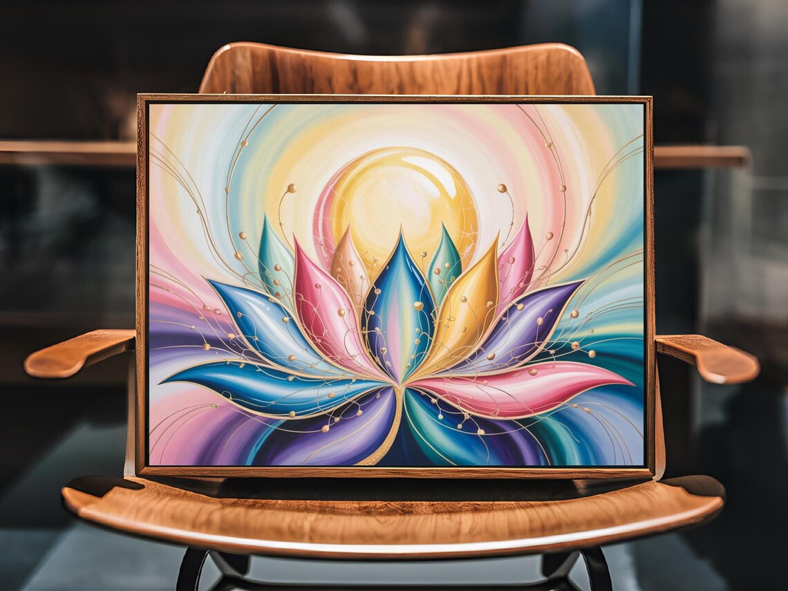 Golden Orb Lotus Bloom Rainbow Petals Pastel Floral Wall Art