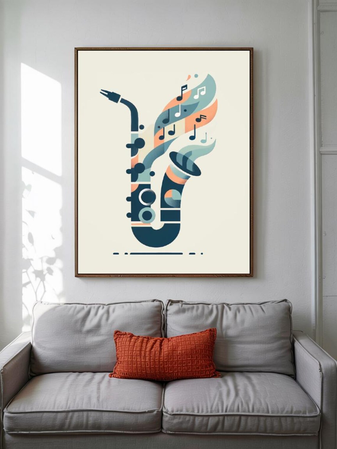 Abstract Saxophone Navy Peach Musical Notes Modern Jazz Canvas Wall Art - Image 2