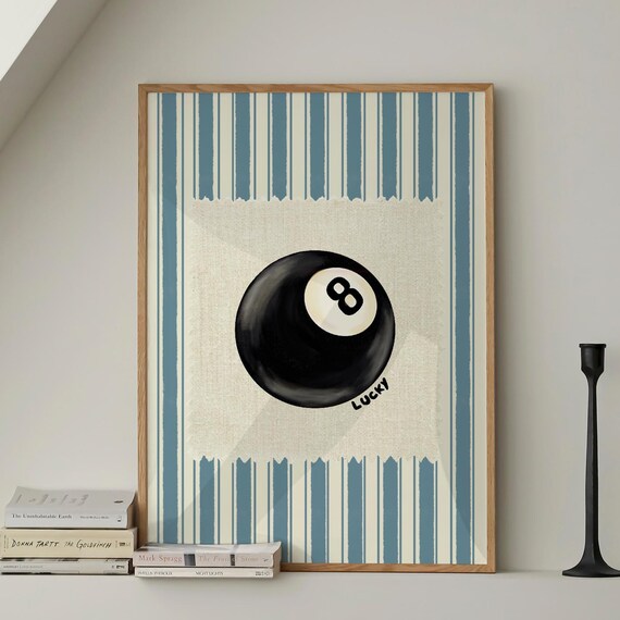 Lucky 8 Ball Billiards Blue Stripe Retro Vintage Game Poster