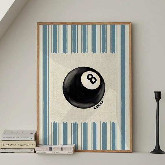 Vintage 8 Pool Ball Print Retro Handdrawn Wall Art Trendy Bar Cart Poster Blue Stripe For Apartment