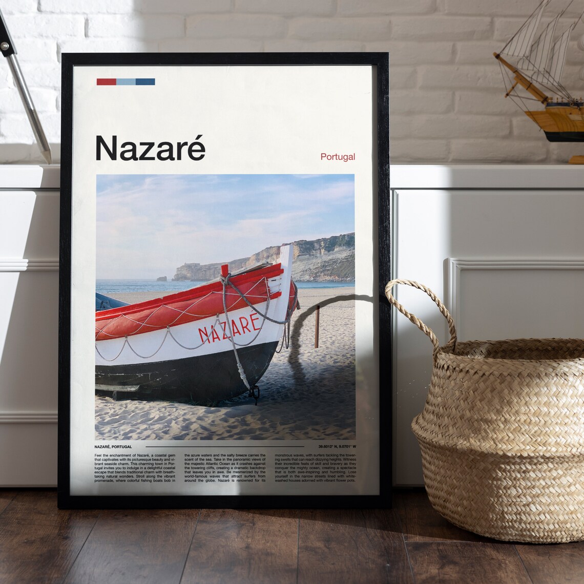Nazare Portugal Red and White Fishing Boat Beach Nautical Poster - Image 5