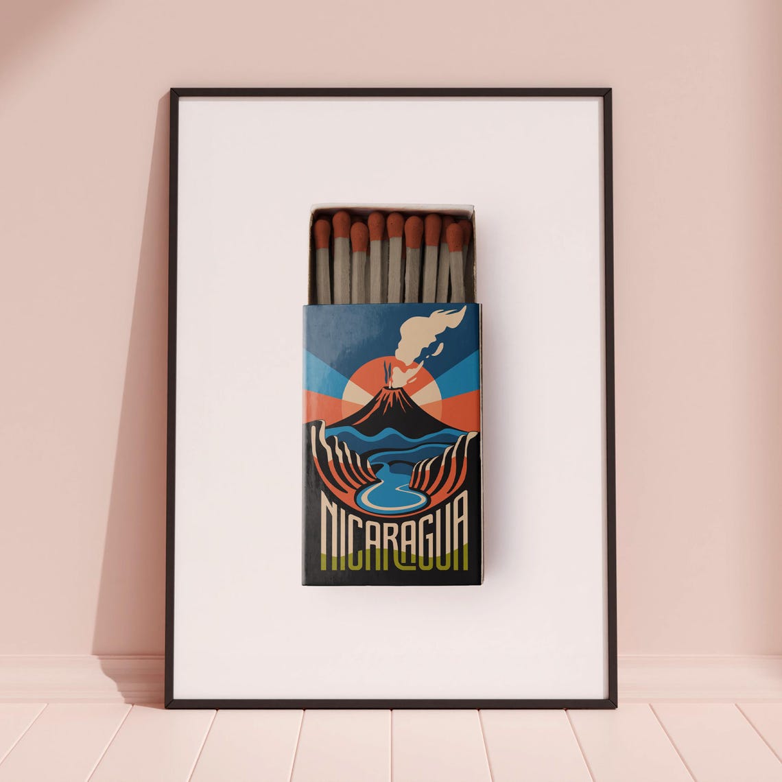 Nicaragua Matchbox Volcano River Sunset Vintage Travel Art Poster - Image 3