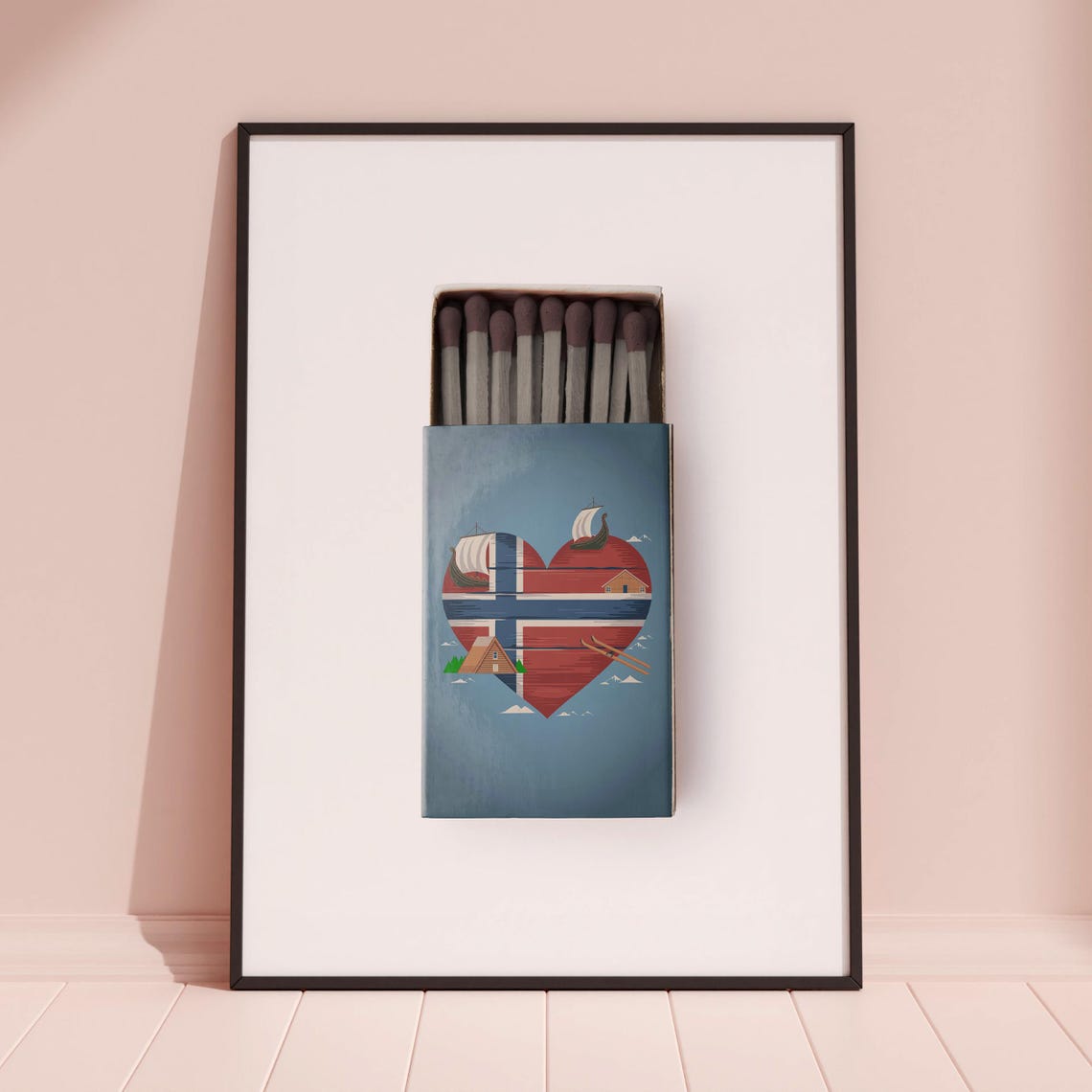 Norway Vintage Matchbox Heart Flag Viking Ship Travel Poster - Image 3