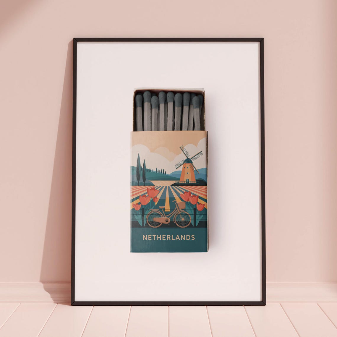 Netherlands Matchbox Windmill Tulips Bicycle Vintage Art Poster - Image 3