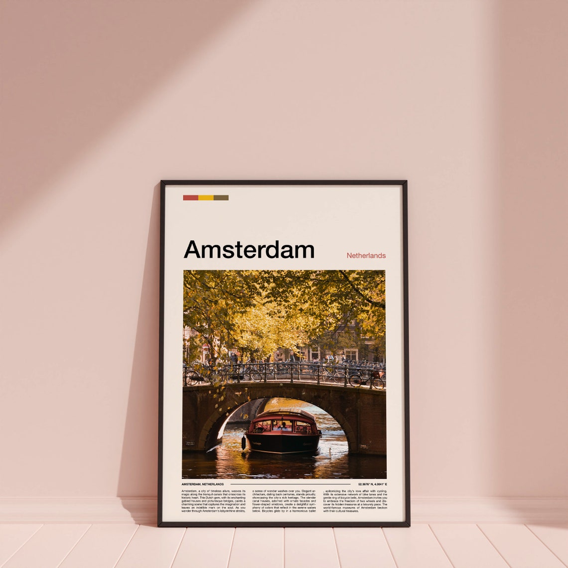 Amsterdam Netherlands Canal Bridge Boat Autumn Golden Leaves Poster - Image 3