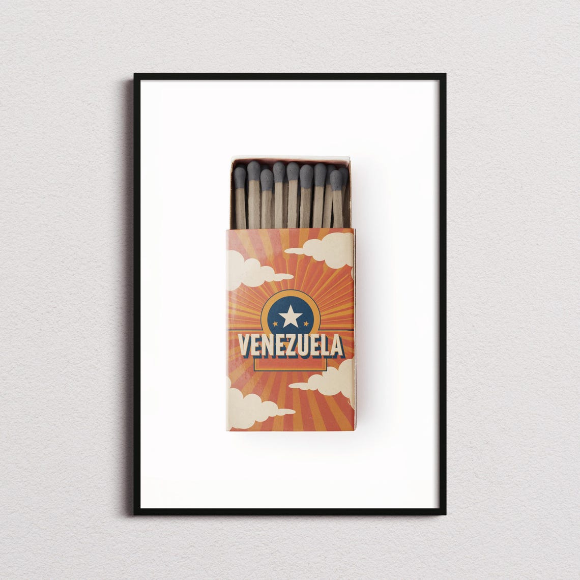 Venezuela Sunburst Star Matchbox Style Art with Retro Clouds Poster
