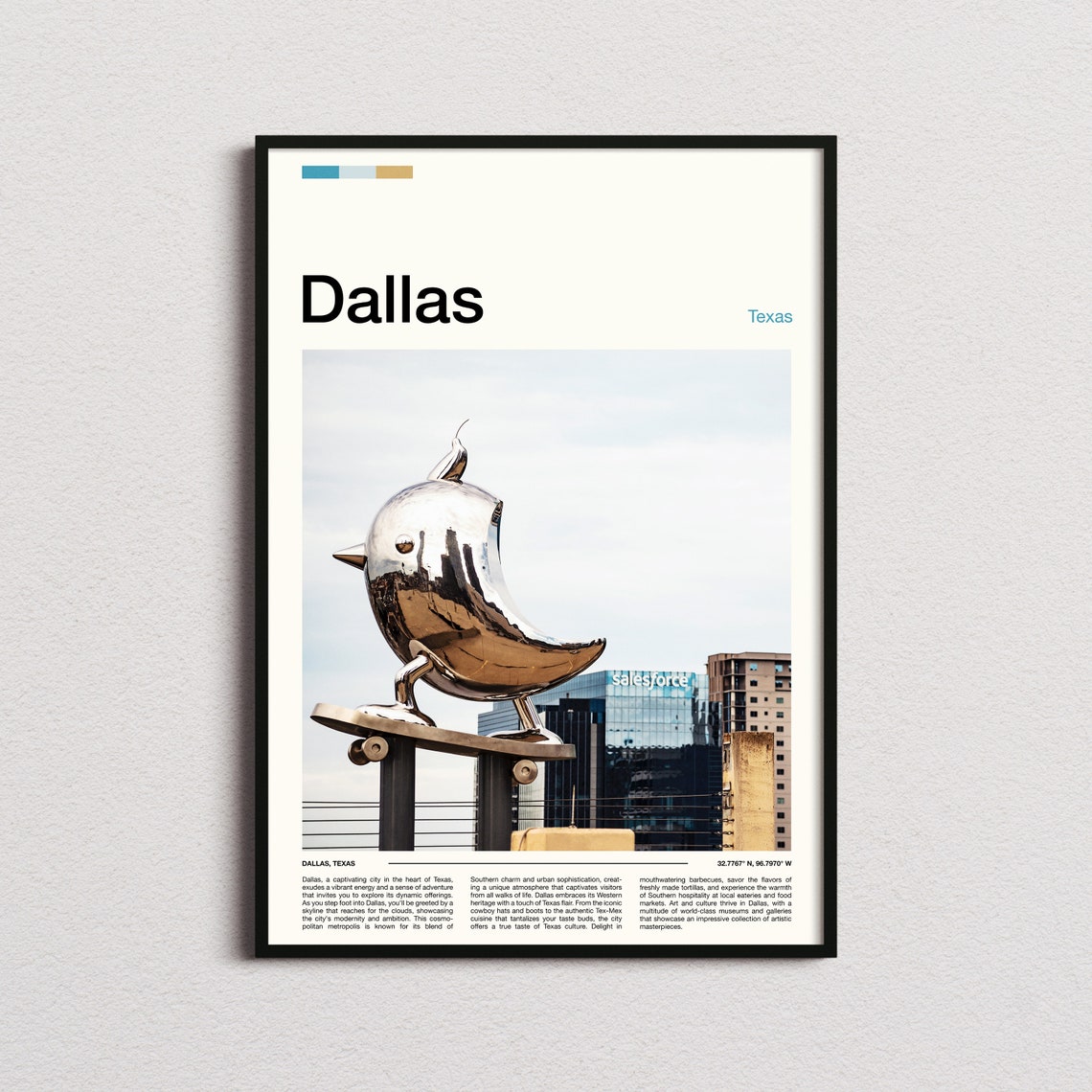 Dallas Texas Downtown Chrome Bird Sculpture Skyline Art Poster