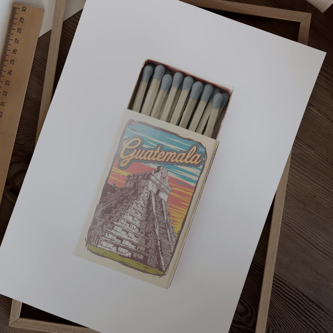 Guatemala Vintage Retro Matchbox Mayan Pyramid Sunset Poster - Image 2