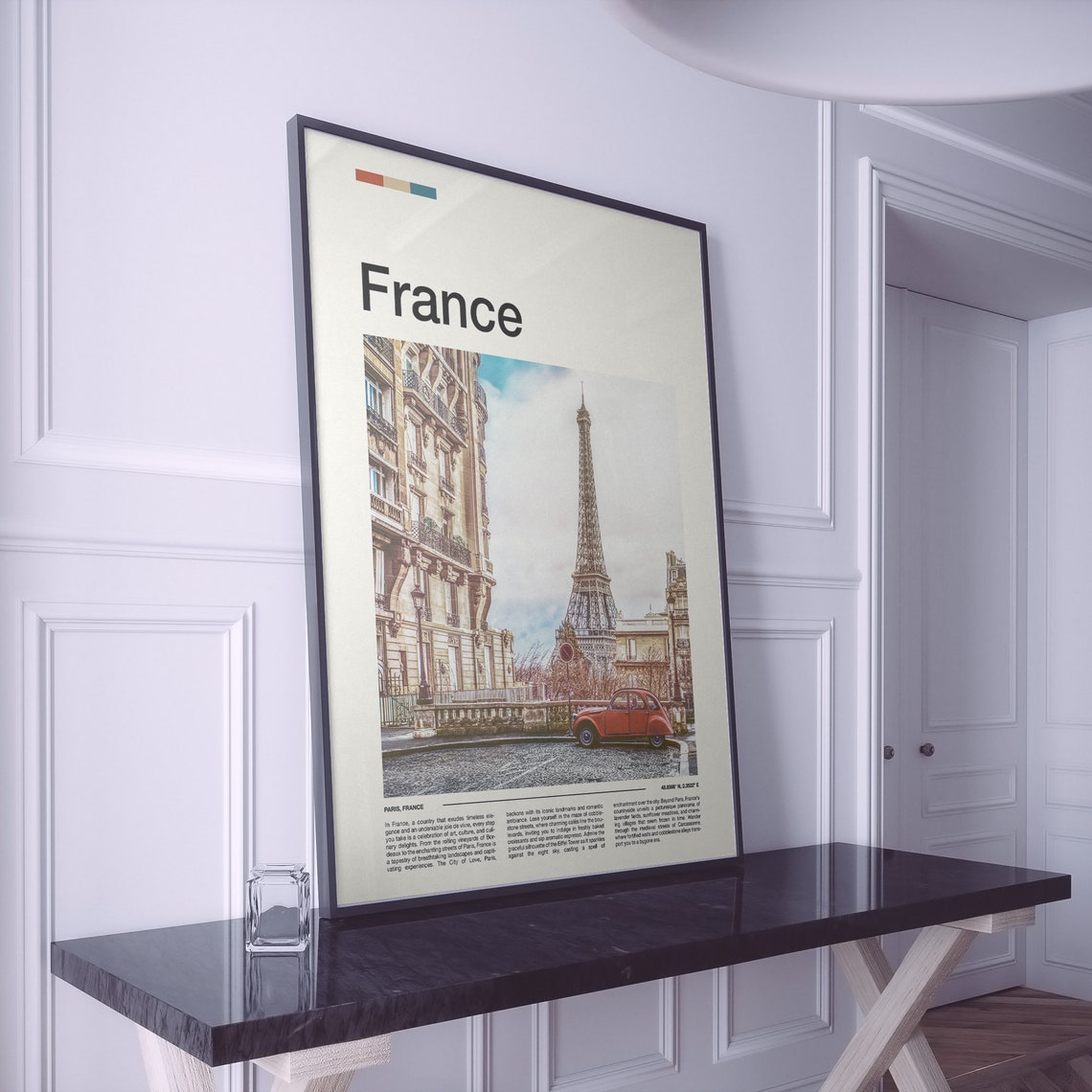 France Paris Eiffel Tower Vintage Red Car Cobblestone Street Poster - Image 2