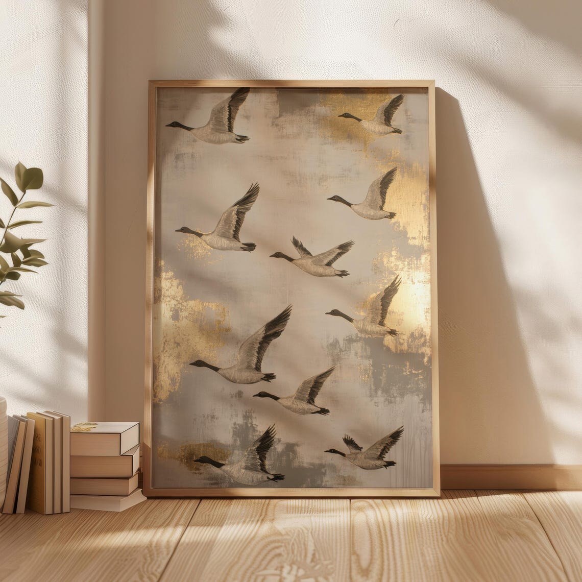 Flying White Cranes on Gold Leaf Japanese Style Bird Art Poster