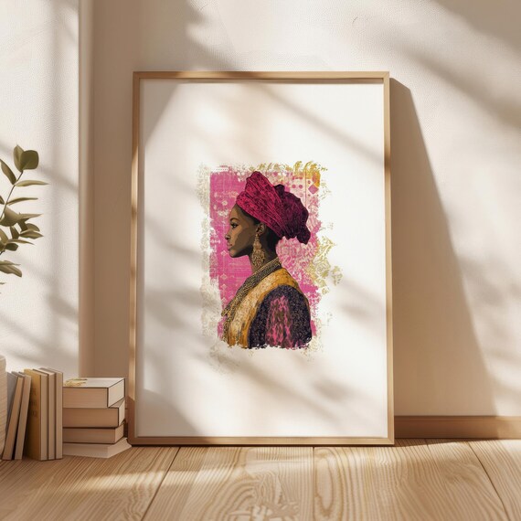 African Woman Profile Pink Headwrap Gold Earrings Portrait Wall Poster