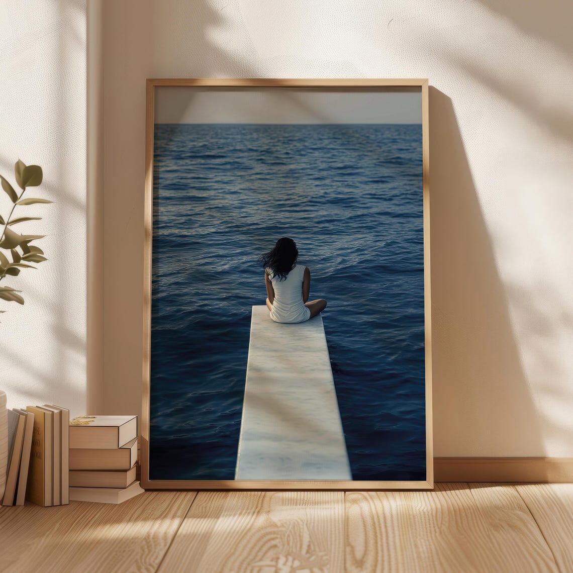 Woman Alone On Ocean Dock Deep Blue Water Quiet Solitude Art Print