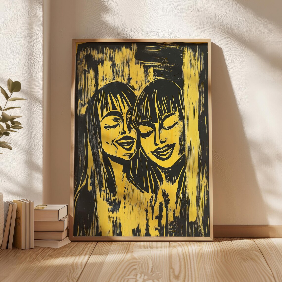 Bold Yellow Black Woodcut Portrait of Two Women Line Art Poster