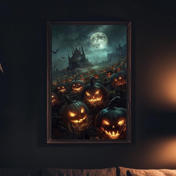Spooky Haunted House With Glowing Jack O Lanterns Moon Poster