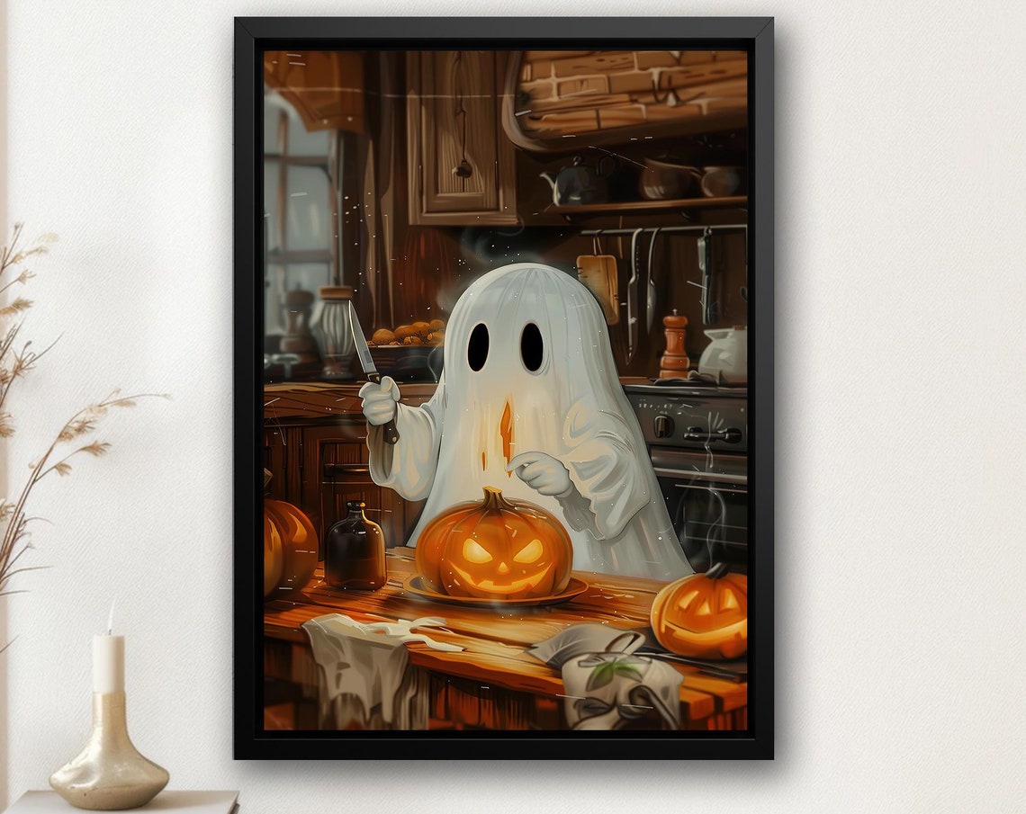 Ghost Carving Jack O Lantern Pumpkin in Cozy Kitchen Halloween Poster