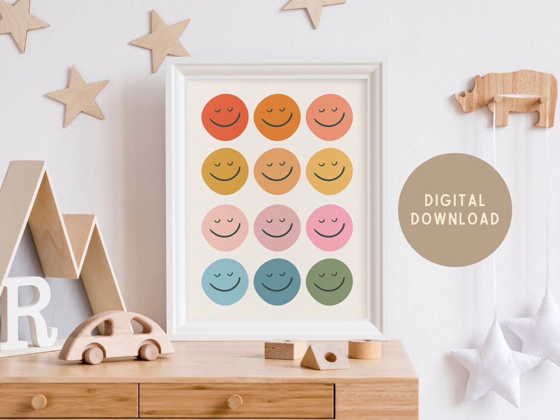 Retro Smiley Face Print, Boho Rainbow Nursery Art - Image 5