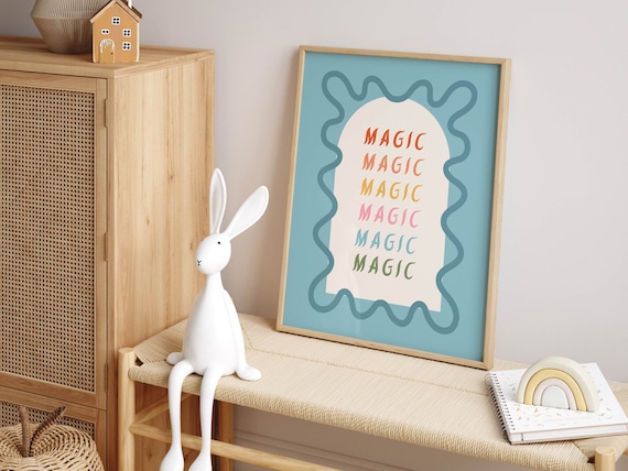 Magic Rainbow Typography Poster with Blue Wavy Arch Kids Art