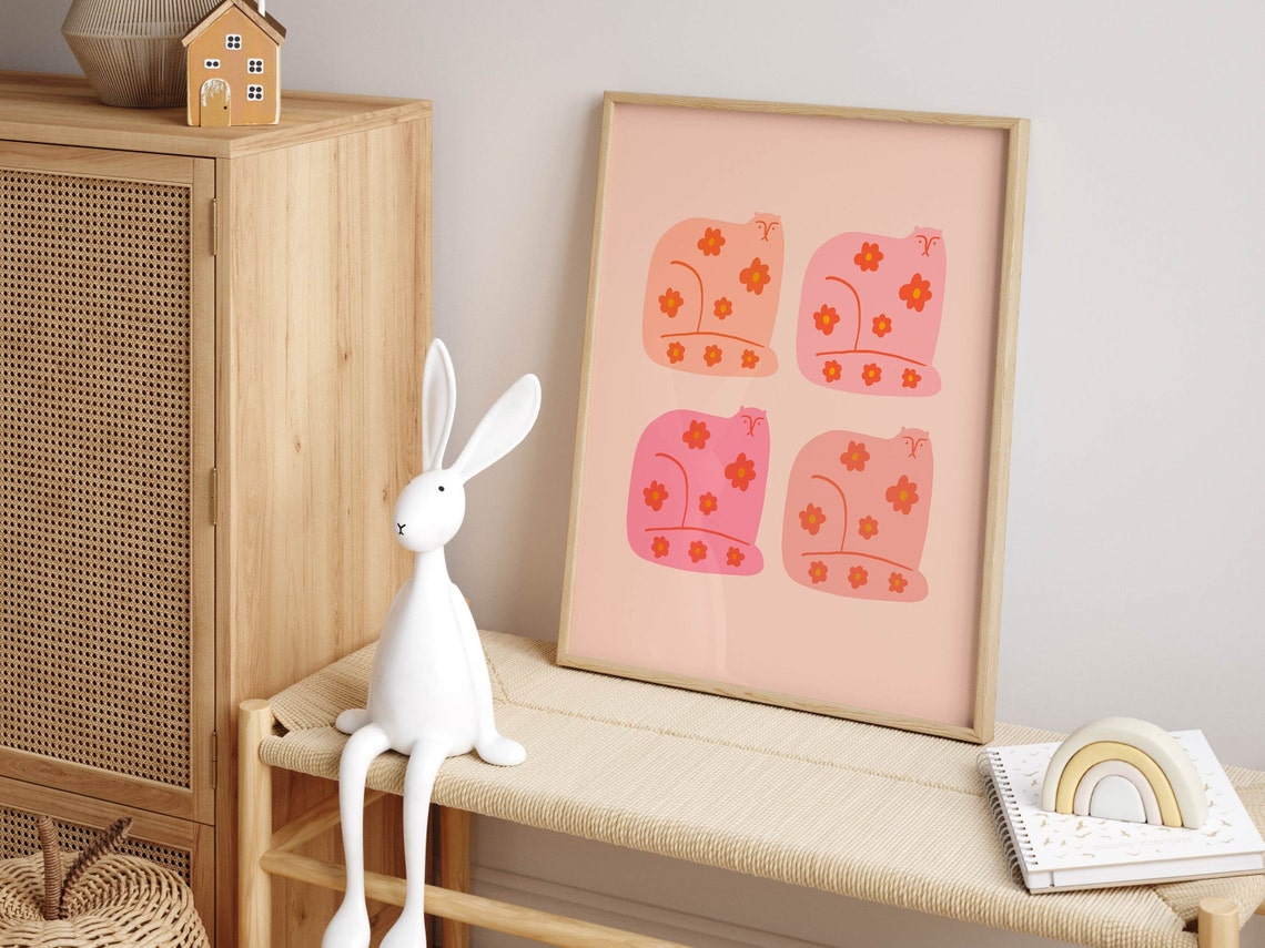 Cute Pink Cat Poster with Four Floral Pattern Cats in Kawaii Style - Image 3