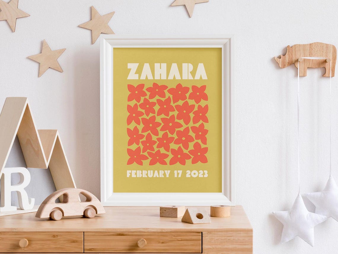 Zahara Personalized Name Birthdate Mustard Floral Nursery Poster - Image 3