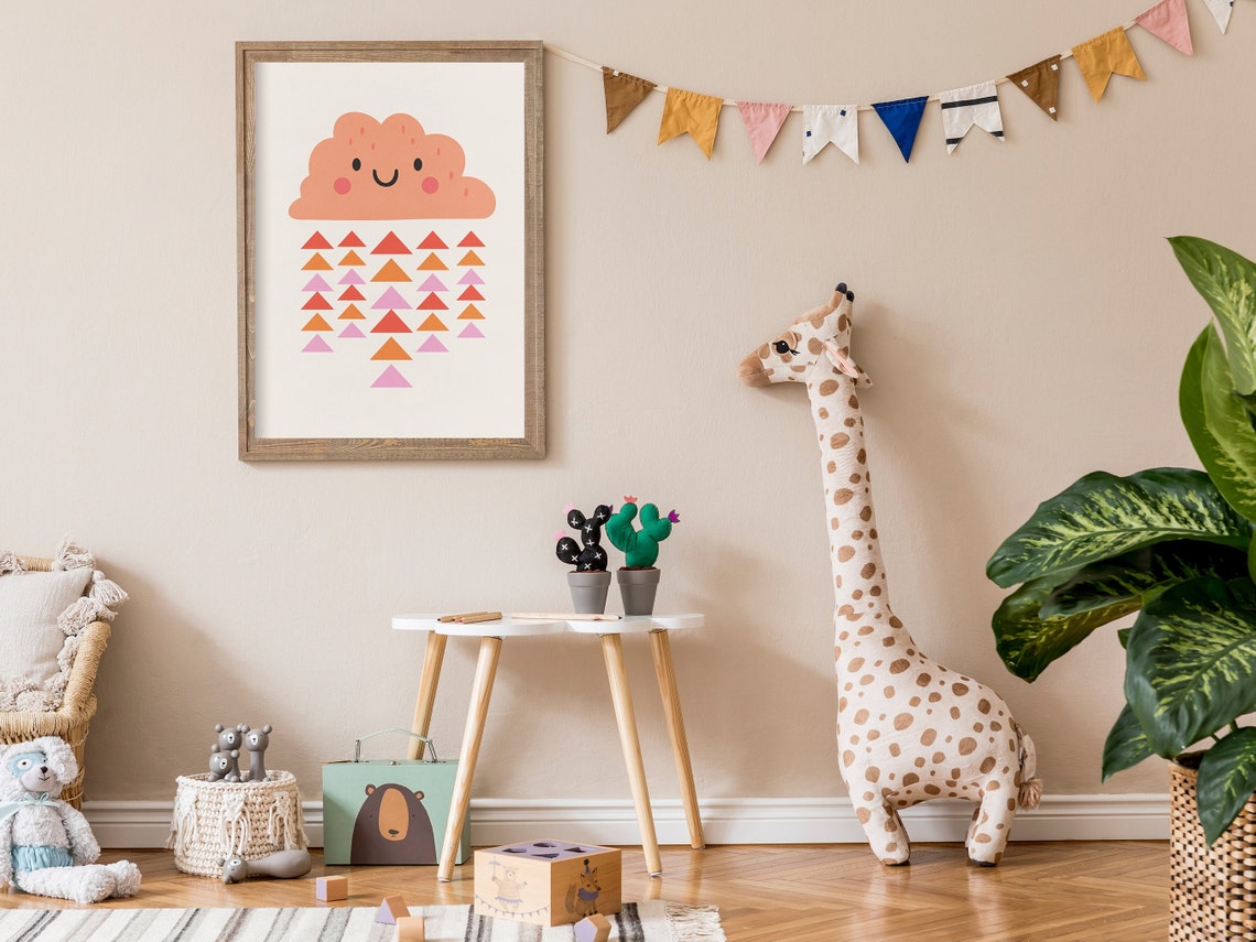 Happy Smiling Cloud Poster with Colorful Rain Triangle Nursery Art - Image 3