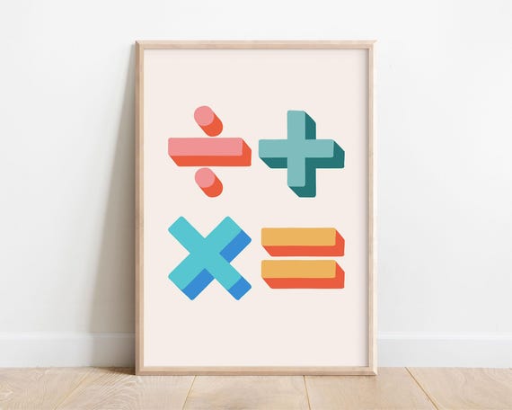 Colorful Math Poster Kids Wall Art Modern Nursery Decor Scandi Playroom Print Toddler Classroom Montessori Preschool Cute Math Symbols