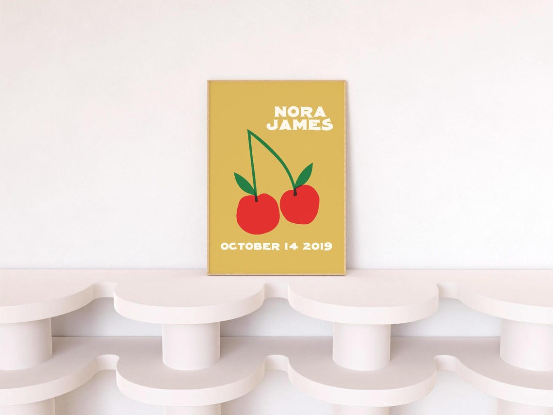 Nora James Personalized Name Birthdate Cherry Retro Art Poster - Image 4