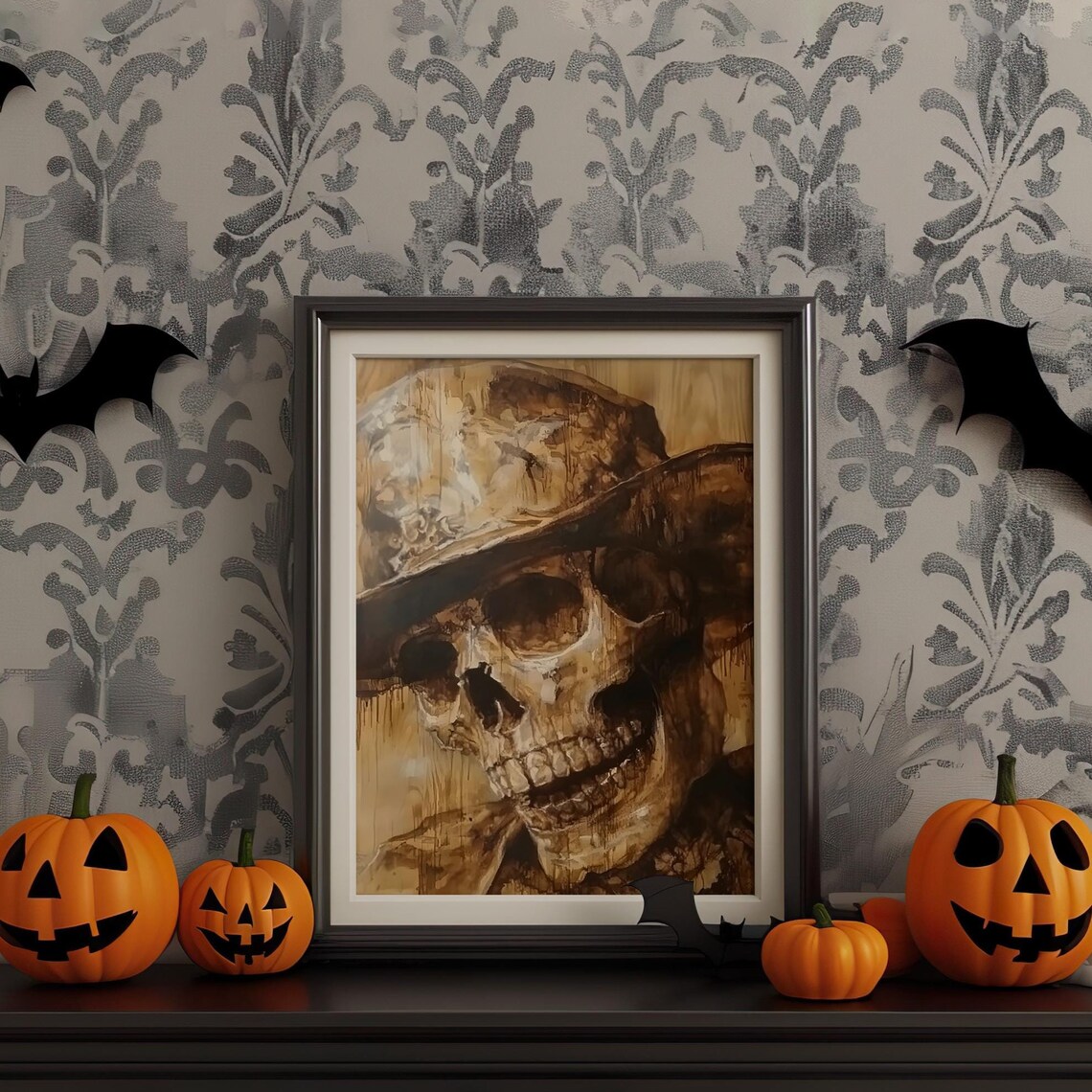 Sepia Skull Wide Brim Hat Vintage Moody Halloween Art Poster