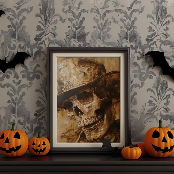 Sepia Skull Wide Brim Hat Vintage Moody Halloween Art Poster