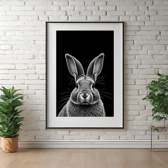 Black And White Rabbit Portrait Front Facing Minimalist Wildlife Poster