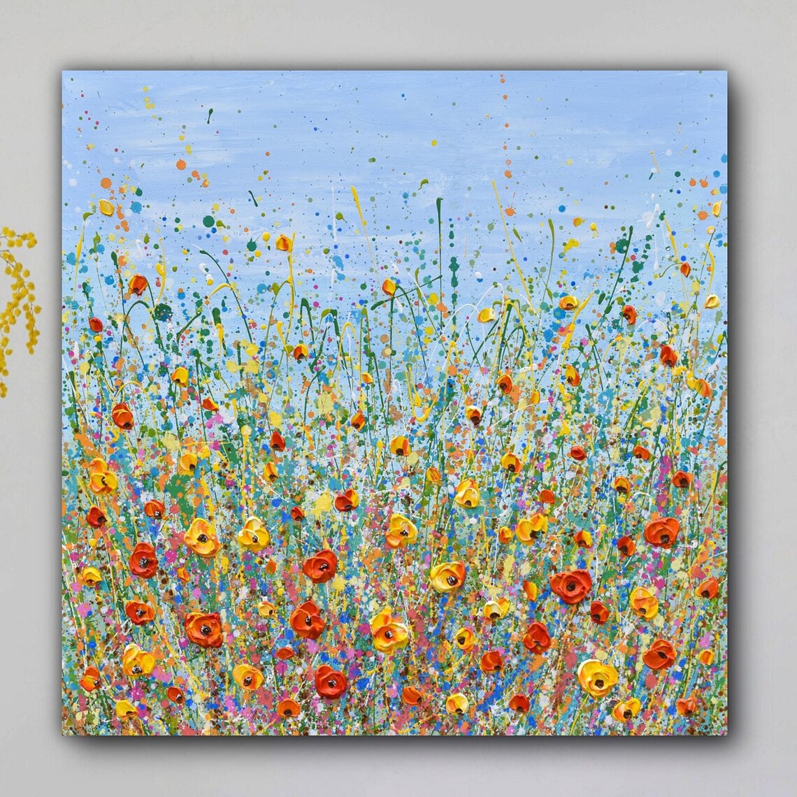 Poppy Meadow Splatter Painting Red Yellow Flowers Blue Sky Art Poster