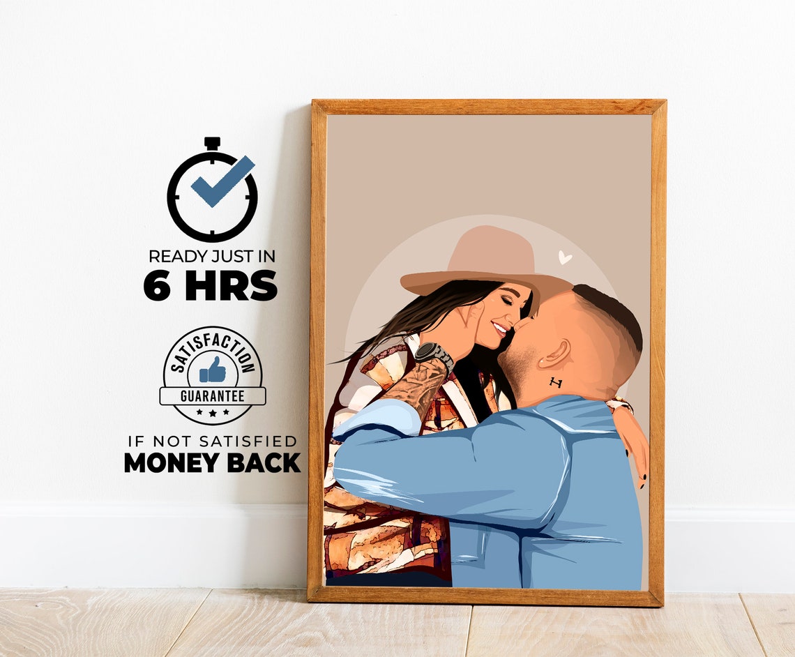 Couple in Hat Embracing Warm Custom Illustrated Portrait Poster