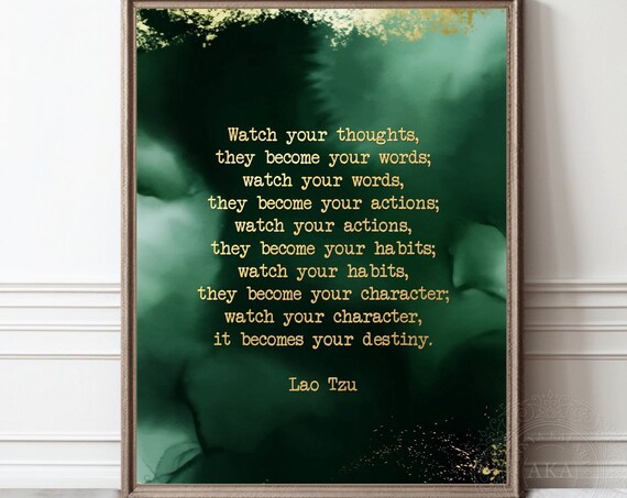 Lao Tzu Watch Your Thoughts Quote Green Watercolor Gold Foil Poster