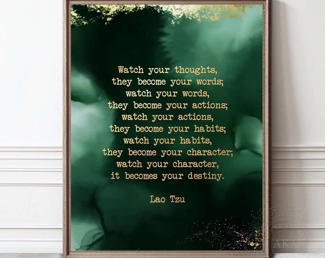 Lao Tzu Watch Your Thoughts Quote Green Watercolor Gold Foil Poster